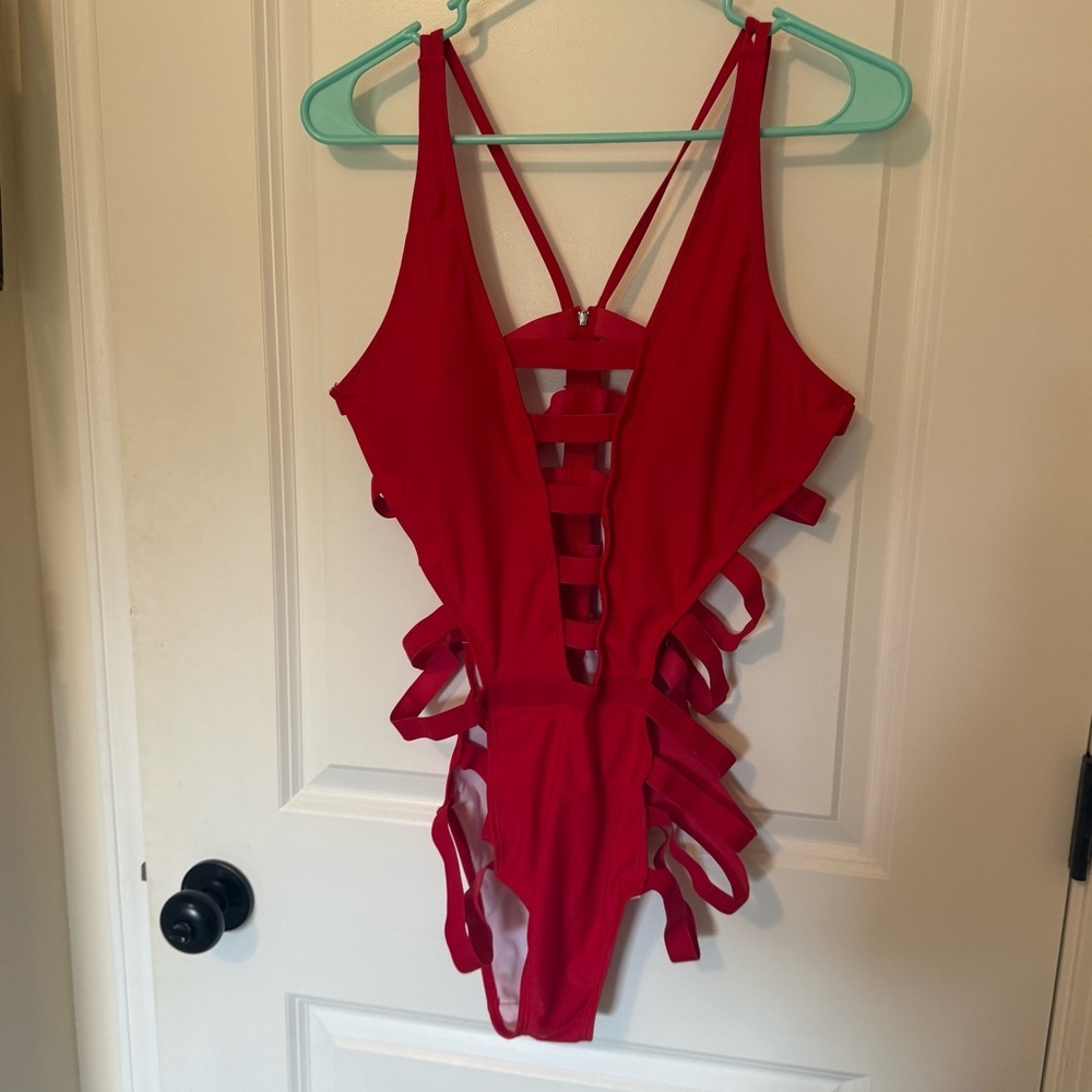 Red Strappy One-Piece Swimsuit - Picture 2 of 8